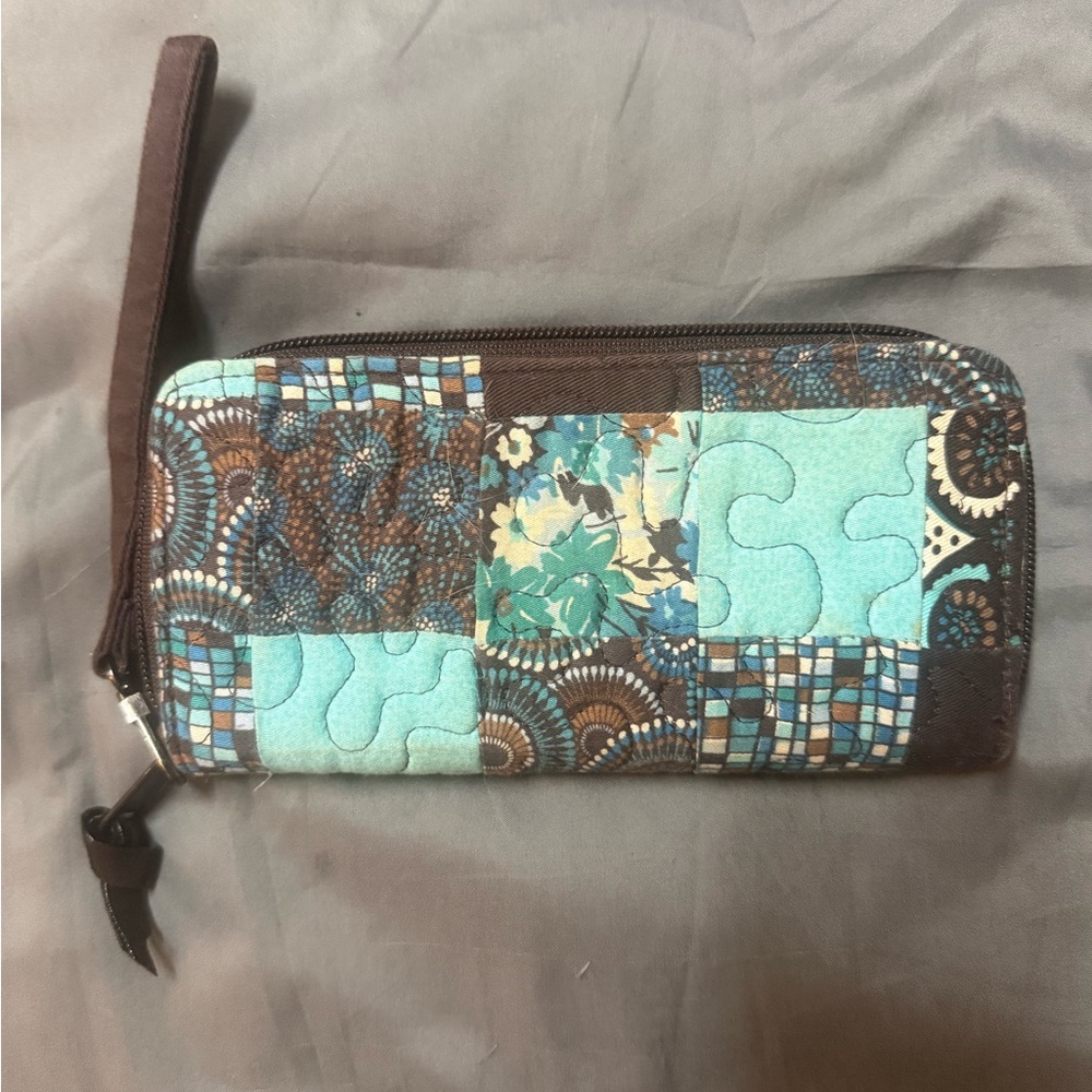 Quilted Patchwork Wristlet Wallet in Turquoise and Brown